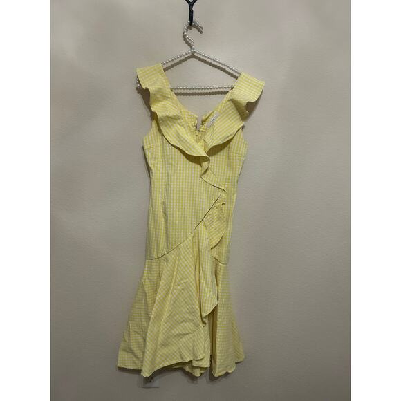 Jonathan Simkhai Dress Yellow Gingham Size 8 Midi Ruffle Picnic Preppy Whimsical - Picture 2 of 11